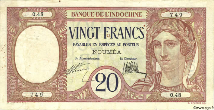20 Francs NEW CALEDONIA  1932 P.37a VF