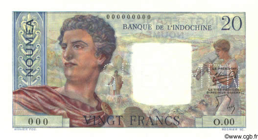 20 Francs Spécimen NEW CALEDONIA  1958 P.50bs UNC