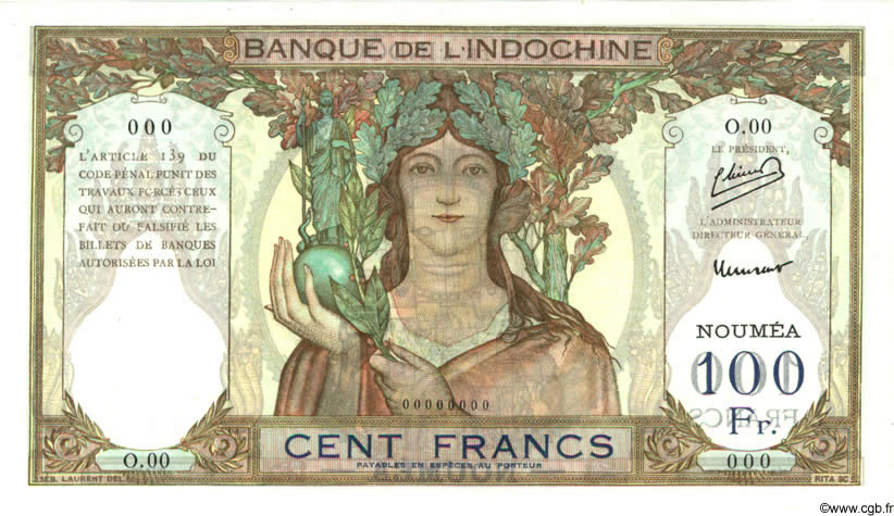 100 Francs Spécimen NEW CALEDONIA  1953 P.42cs AU