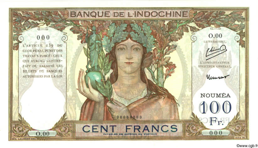 100 Francs Spécimen NOUVELLE CALÉDONIE  1953 P.42cs pr.NEUF