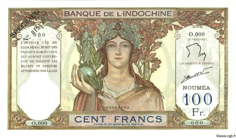 100 Francs Spécimen NOUVELLE CALÉDONIE  1963 P.42es pr.NEUF
