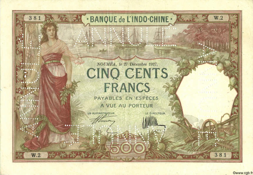 500 Francs Spécimen NOUVELLE CALÉDONIE  1927 P.38s TTB+