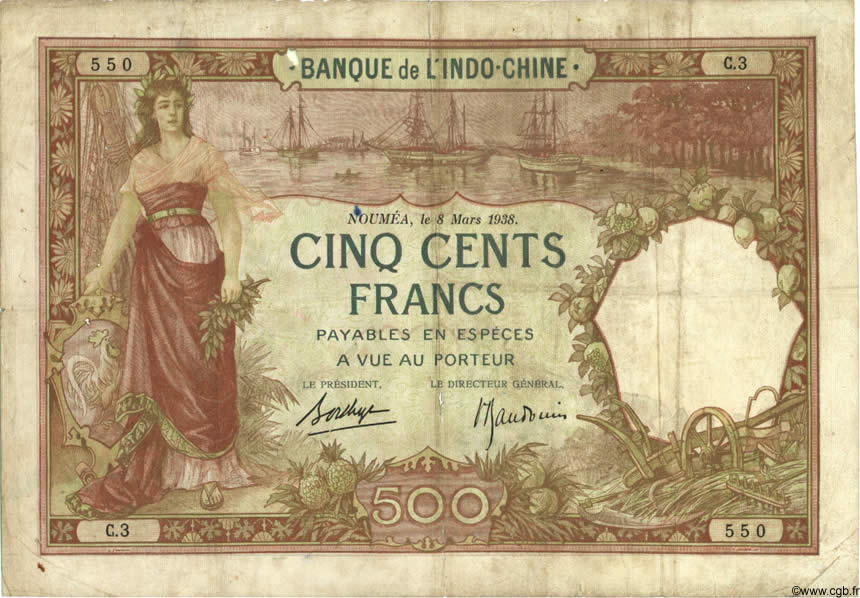 500 Francs NOUVELLE CALÉDONIE  1938 P.38 B+