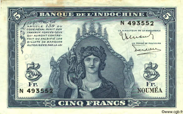 5 Francs NOUVELLE CALÉDONIE  1944 P.48 TTB+