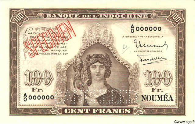 100 Francs Spécimen NOUVELLE CALÉDONIE  1942 P.44s SC