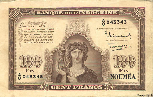 100 Francs NOUVELLE CALÉDONIE  1942 P.44 VF
