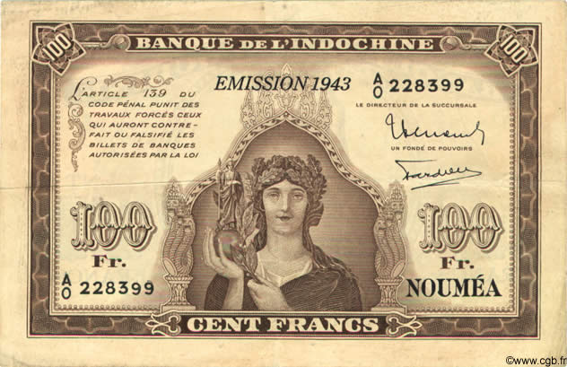 100 Francs NOUVELLE CALÉDONIE  1943 P.46a SS