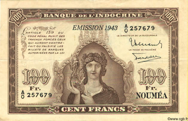 100 Francs NOUVELLE CALÉDONIE  1943 P.46a VF+