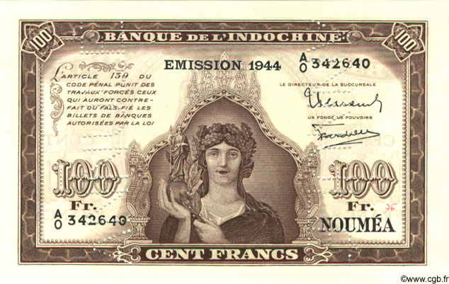 100 Francs Spécimen NOUVELLE CALÉDONIE  1944 P.46bs fST+