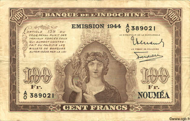 100 Francs NOUVELLE CALÉDONIE  1944 P.46b F - VF