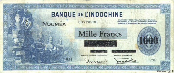 1000 Francs  NOUVELLE CALÉDONIE  1943 P.45 B+