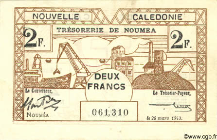 2 Francs NOUVELLE CALÉDONIE  1943 P.56a TTB+