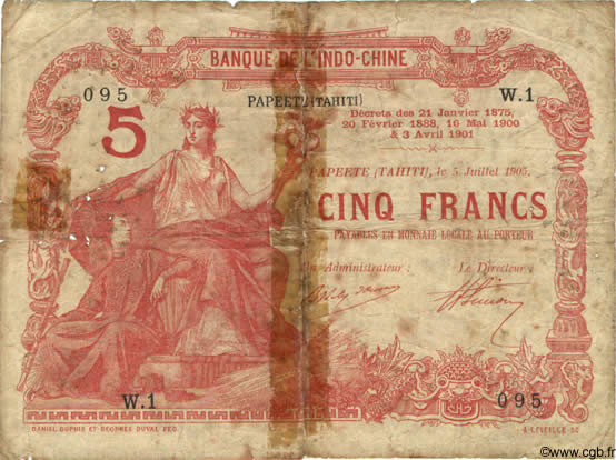 5 Francs TAHITI  1905 P.01b var pr.B