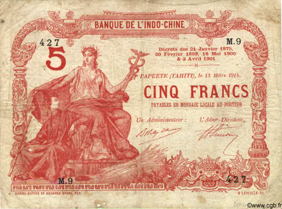 5 Francs TAHITI  1914 P.01b var RC+