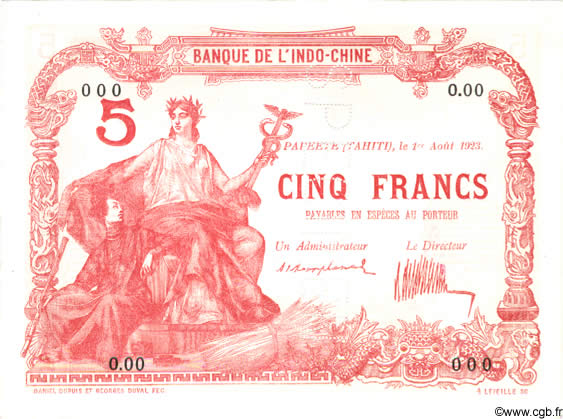 5 Francs Spécimen TAHITI  1923 P.04s fST+