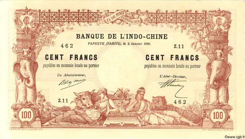 100 Francs TAHITI  1920 P.06b pr.SPL