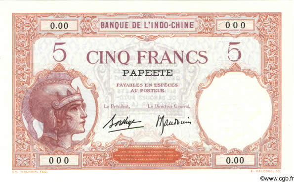 5 Francs Spécimen TAHITI  1940 P.11cs NEUF