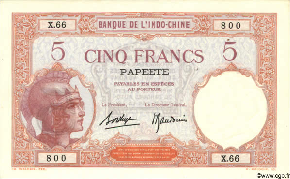 5 Francs TAHITI  1940 P.11c VF