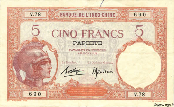 5 Francs TAHITI  1940 P.11c VZ