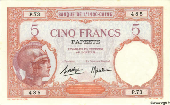 5 Francs TAHITI  1940 P.11c SPL