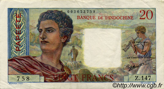 20 Francs TAHITI  1954 P.21b SS to VZ