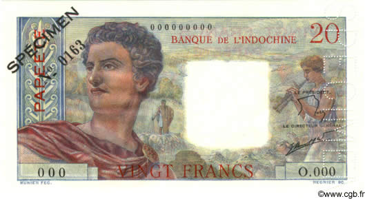 20 Francs Spécimen TAHITI  1960 P.21cs NEUF