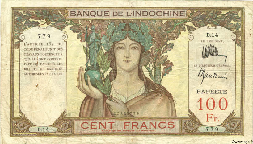 100 Francs TAHITI  1936 P.14a F