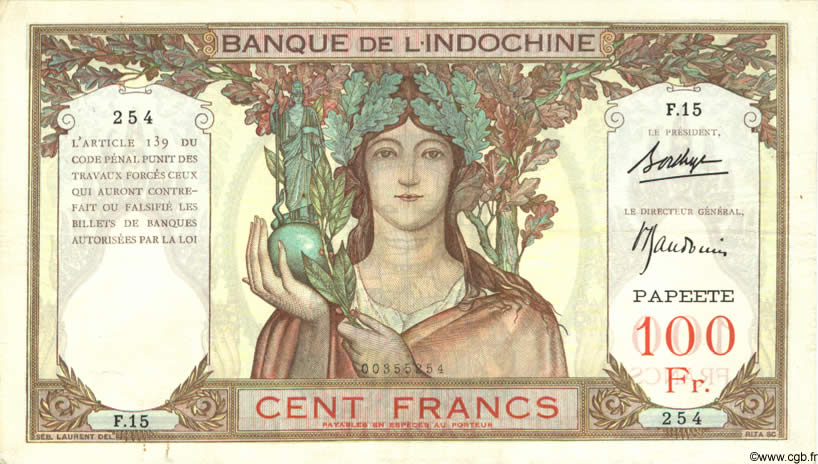 100 Francs TAHITI  1940 P.14b q.BB