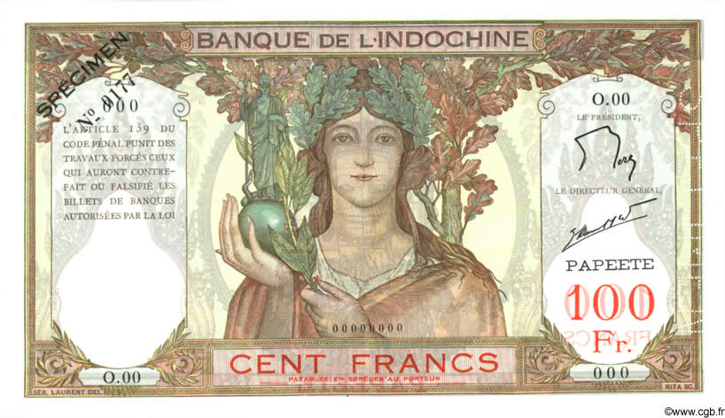 100 Francs Spécimen TAHITI  1965 P.14ds pr.NEUF