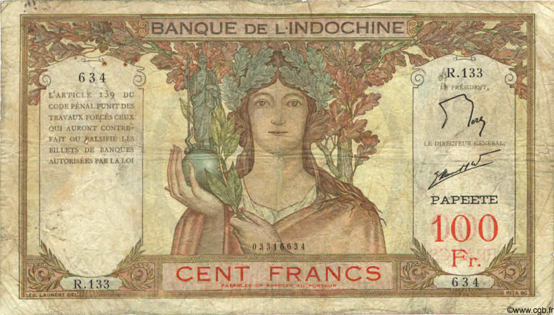 100 Francs TAHITI  1965 P.14d P