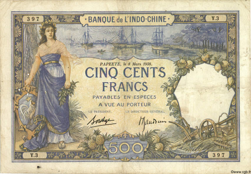 500 Francs TAHITI  1938 P.13b BC+