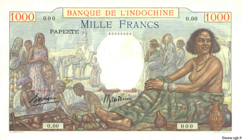1000 Francs Spécimen TAHITI  1940 P.15as SPL