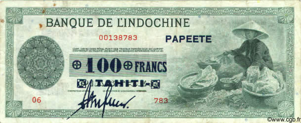 100 Francs TAHITI  1943 P.17b VF