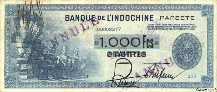 1000 Francs Spécimen TAHITI  1943 P.18bs BB