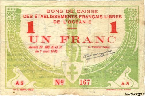 1 Franc OCÉANIE  1942 P.08 B