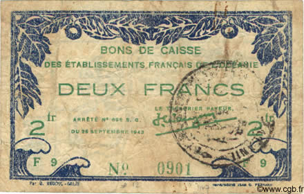 2 Francs OCÉANIE  1943 P.11 TB+