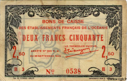 2,50 Francs OCÉANIE  1943 P.12 TTB