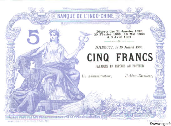 5 Francs DSCHIBUTI   1905 P.- fST