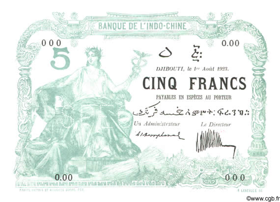 5 Francs Spécimen DJIBOUTI  1923 P.04As UNC