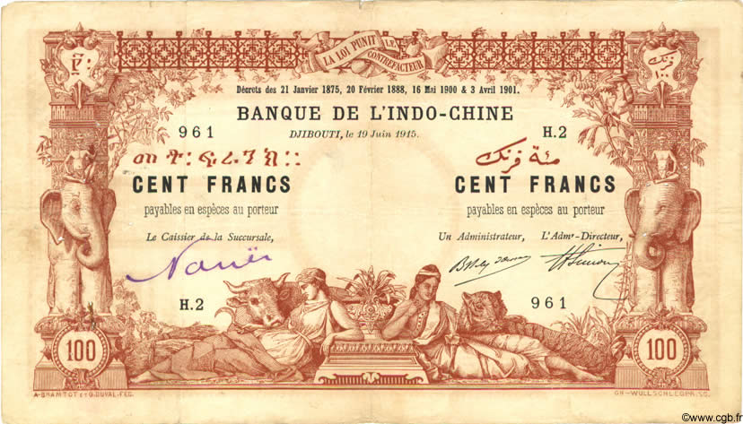 100 Francs DJIBOUTI  1915 P.03 F+