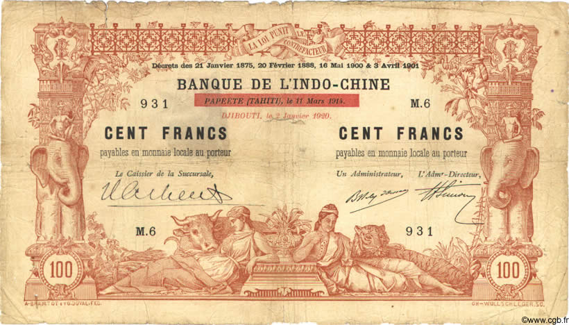 100 Francs DJIBOUTI  1920 P.04 B à TB