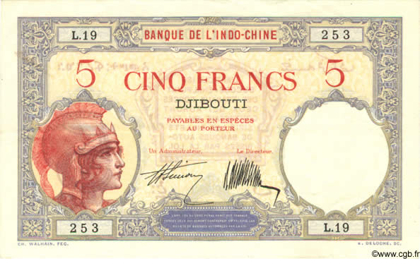 5 Francs DSCHIBUTI   1927 P.06b fVZ to VZ