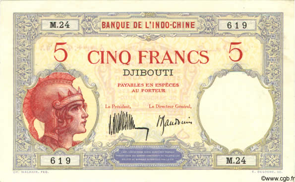 5 Francs DJIBOUTI  1932 P.06b TTB+ à SUP