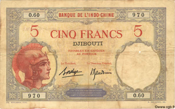 5 Francs DJIBOUTI  1936 P.06b F+