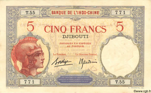 5 Francs DJIBOUTI  1936 P.06b TTB à SUP