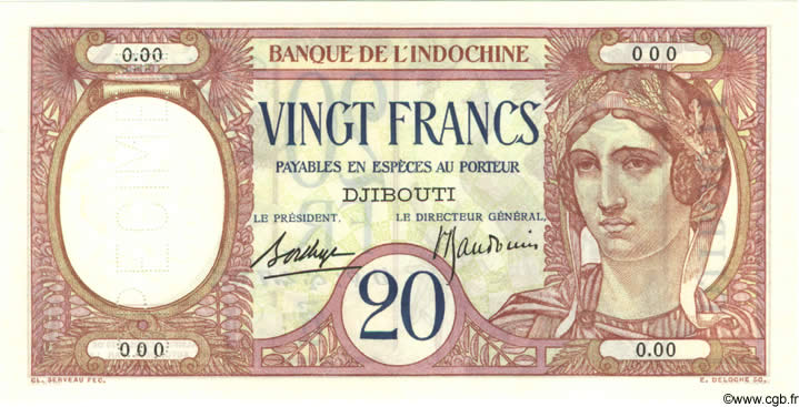 20 Francs Spécimen DJIBOUTI  1936 P.07s NEUF