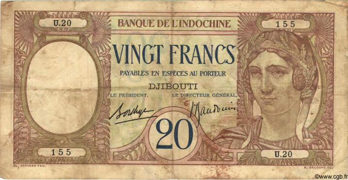 20 Francs DJIBOUTI  1936 P.07 TB