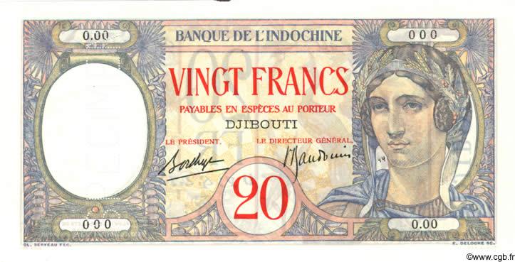 20 Francs Spécimen DJIBUTI  1936 P.07As q.FDC
