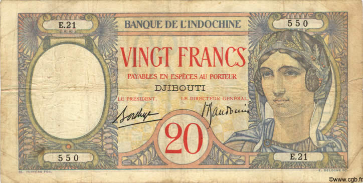 20 Francs DJIBOUTI  1936 P.07A G