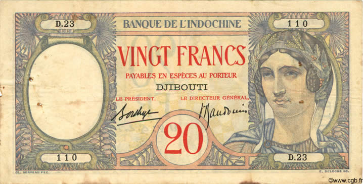 20 Francs  DJIBOUTI  1936 P.07A TB